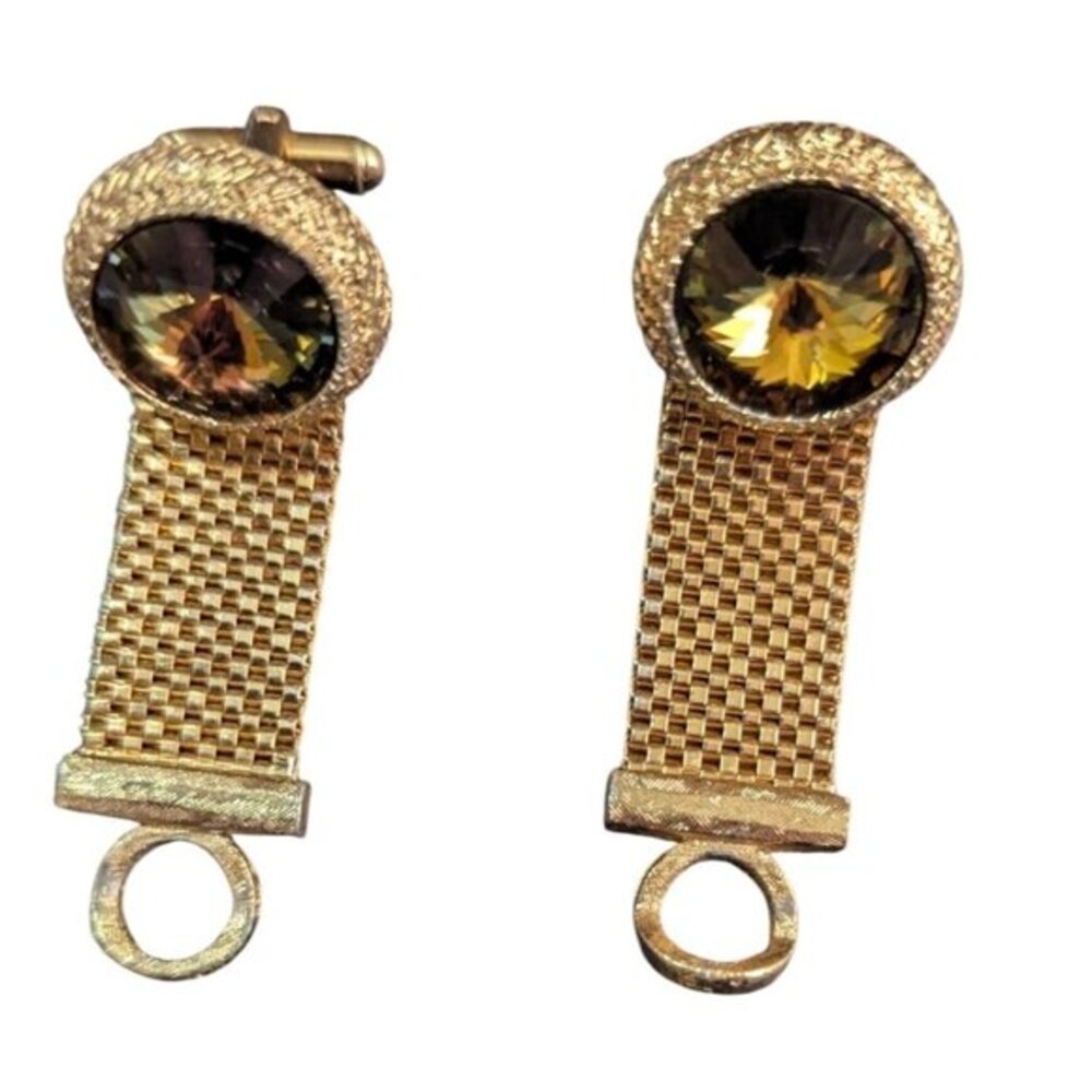 Dante Vintage Gold Tone Mesh Wrap‎ Around Cufflinks Smoky Topaz Crystal 1960s